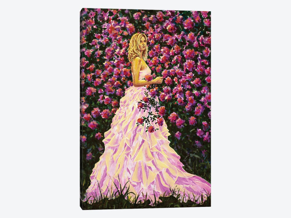 Beautiful Woman Girl In Pink Purple Flowers Roses Artwork Contemporary Fine Art by Valery Rybakow 1-piece Canvas Art Print