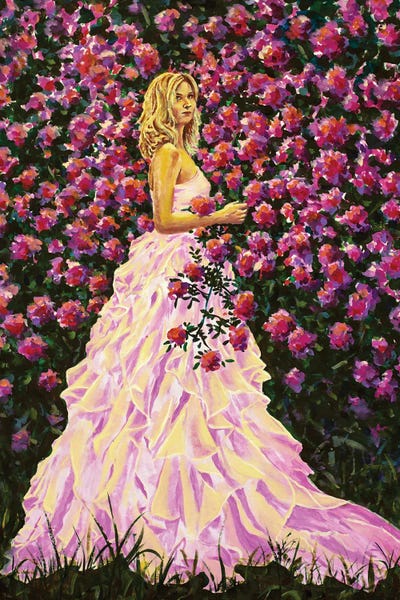 Beautiful Woman Girl In Pink Purple Flowers Roses Artwork Contemporary Fine Art