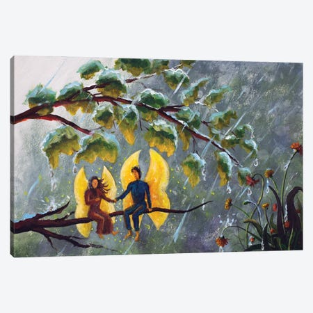 2 Angels Fairy Butterfly Guy And Girl Hiding Under A Branch With Leaves From The Rain Canvas Print #VRY1248} by Valery Rybakow Canvas Art Print