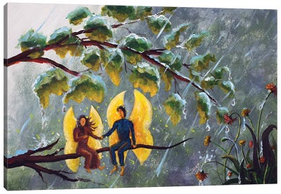 2 Angels Fairy Butterfly Guy And Girl Hiding Under A Branch With Leaves From The Rain Canvas Art Print - Valery Rybakow
