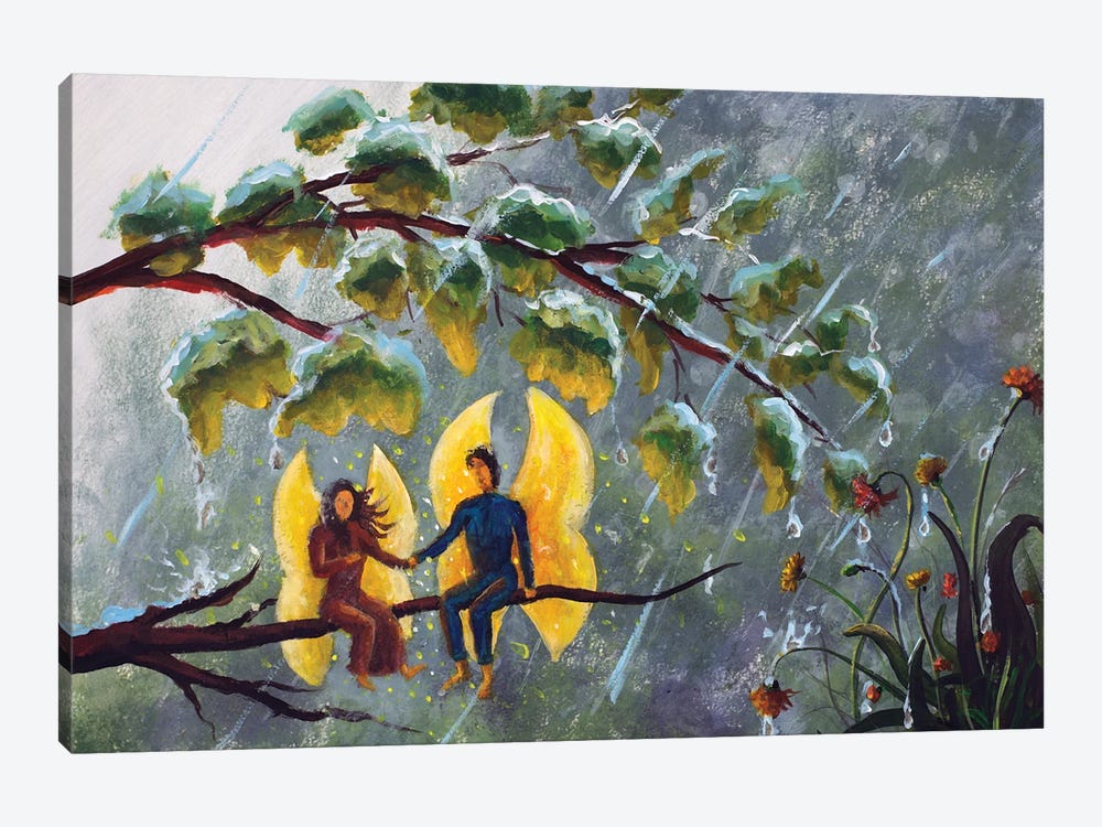 2 Angels Fairy Butterfly Guy And Girl Hiding Under A Branch With Leaves From The Rain by Valery Rybakow 1-piece Canvas Art Print