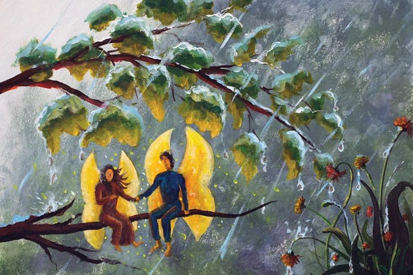 Valery Rybakow: 2 Angels Fairy Butterfly Guy And Girl Hiding Under A Branch With Leaves From The Rain by Valery Rybakow