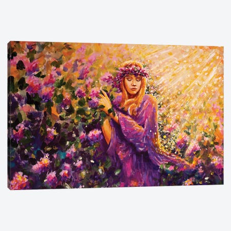 Beautiful Girl Among Bushes With Lilac Rose Flowers In The Warm Sunshine Painting On Canvas. Canvas Print #VRY1249} by Valery Rybakow Canvas Art Print