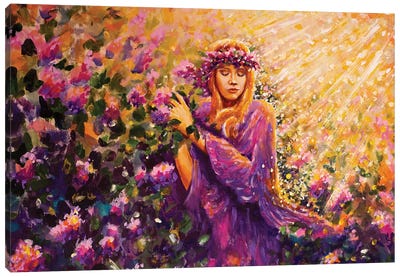 Beautiful Girl Among Bushes With Lilac Rose Flowers In The Warm Sunshine Painting On Canvas. Canvas Art Print - Valery Rybakow