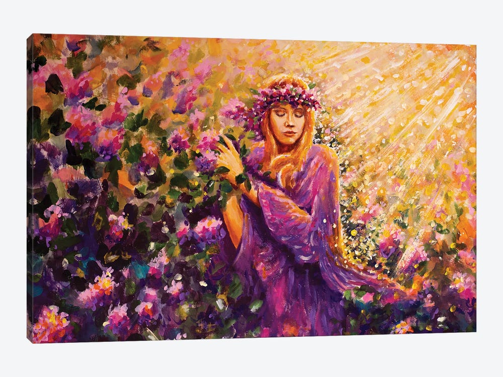 Beautiful Girl Among Bushes With Lilac Rose Flowers In The Warm Sunshine Painting On Canvas. by Valery Rybakow 1-piece Canvas Wall Art