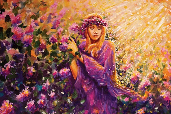 Lilacs: Beautiful Girl Among Bushes With Lilac Rose Flowers In The Warm Sunshine Painting On Canvas. by Valery Rybakow