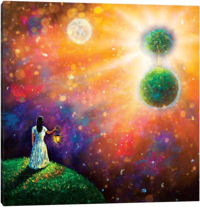 Girl With Lantern In Space Canvas Art Print - Sci-Fi Planet Art
