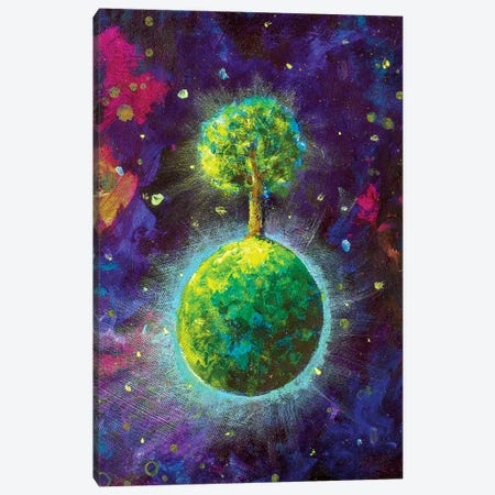 Green Planet With Tree In Cosmos Canvas Print #VRY125} by Valery Rybakow Canvas Artwork