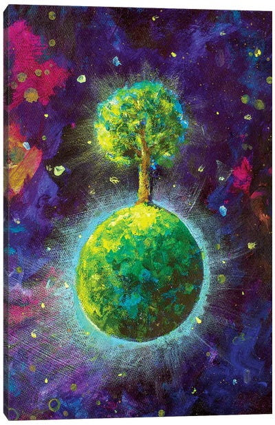 Green Planet With Tree In Cosmos Canvas Art Print - Sci-Fi Planet Art