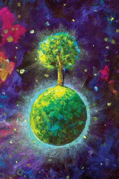 Sci-Fi Planets: Green Planet With Tree In Cosmos by Valery Rybakow