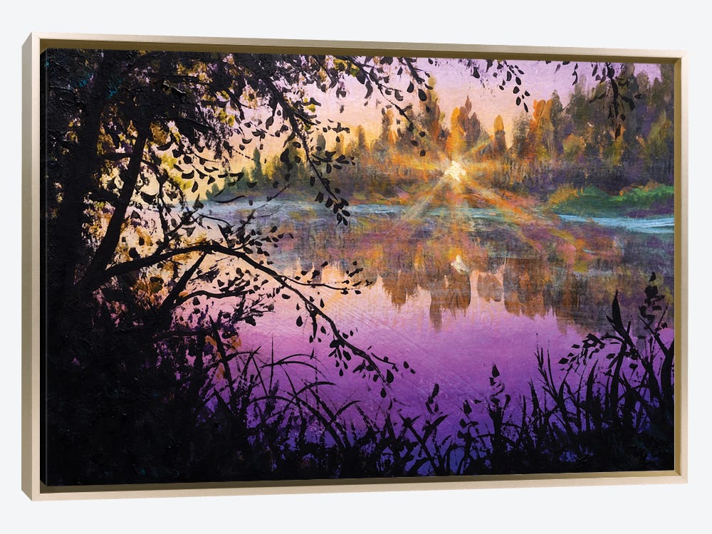 Oil Painting Purple Pink Sunset Sun - Canvas Wall Art