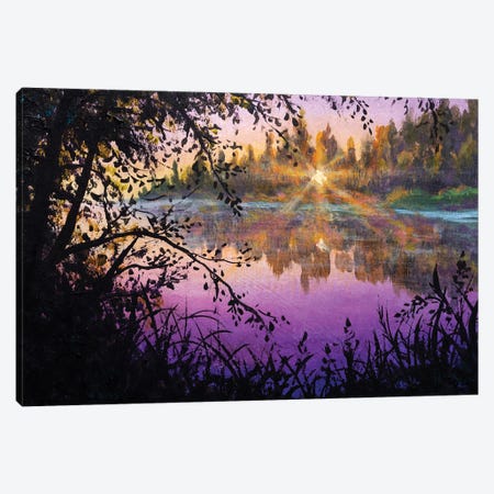 Oil Painting Purple Pink Sunset Sunrise Sun On River. Evening Purple Landscape Illustration Of Nature. Canvas Print #VRY1264} by Valery Rybakow Canvas Wall Art