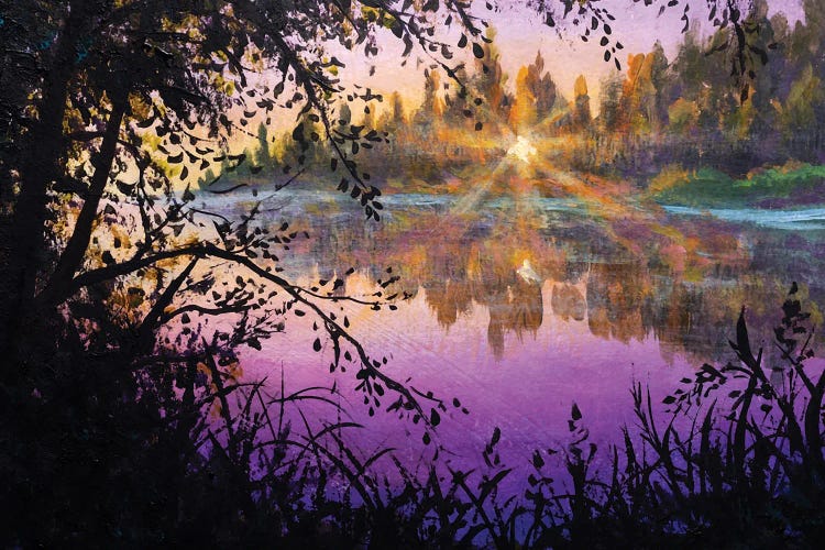 Oil Painting Purple Pink Sunset Sunrise Sun On River. Evening Purple Landscape Illustration Of Nature.