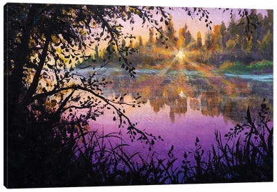 Oil Painting Purple Pink Sunset Sunrise Sun On River. Evening Purple Landscape Illustration Of Nature. Canvas Art Print - Valery Rybakow