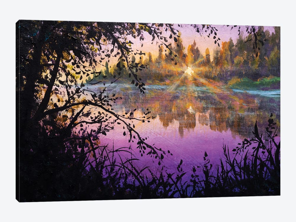Oil Painting Purple Pink Sunset Sunrise Sun On River. Evening Purple Landscape Illustration Of Nature. by Valery Rybakow 1-piece Art Print