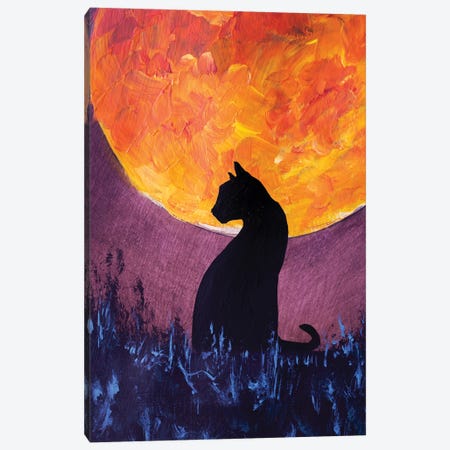 Beautiful Black Cat On Background Large Yellow Orange Glowing Moon Painting Canvas Print #VRY1270} by Valery Rybakow Canvas Wall Art