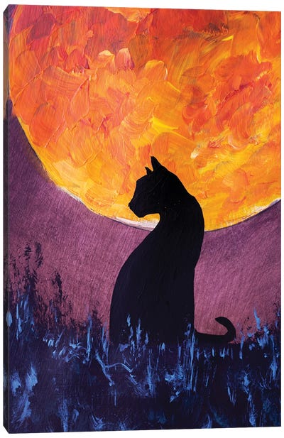Beautiful Black Cat On Background Large Yellow Orange Glowing Moon Painting Canvas Art Print - Valery Rybakow