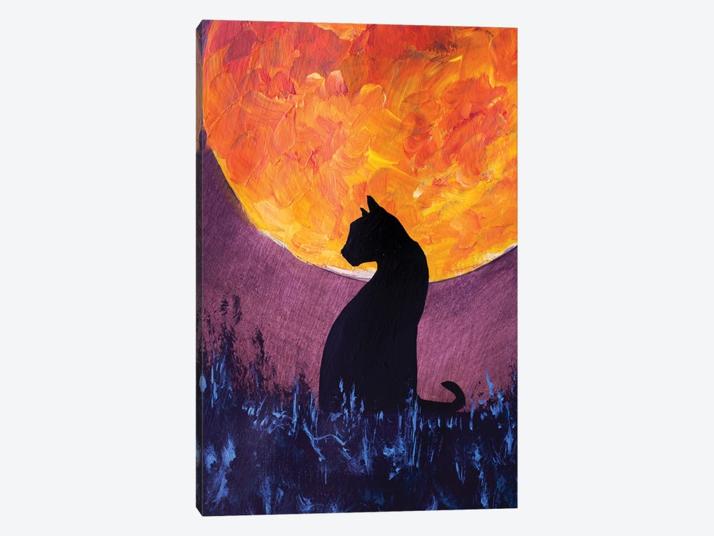 Beautiful Black Cat On Background Large Yellow Orange Glowing Moon Painting by Valery Rybakow 1-piece Canvas Artwork