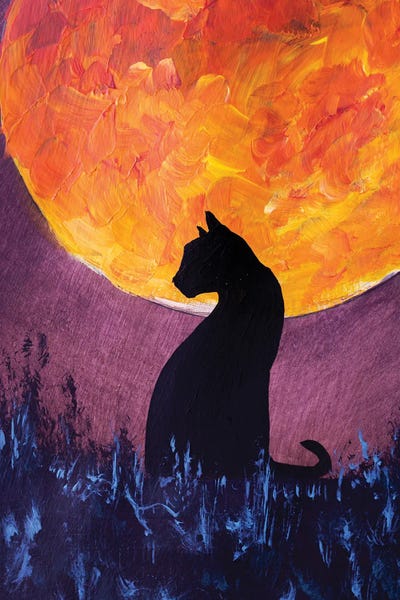 Valery Rybakow: Beautiful Black Cat On Background Large Yellow Orange Glowing Moon Painting by Valery Rybakow