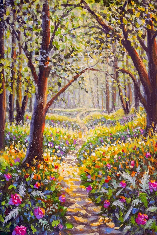 Flowers And Road In Sunny Park Forest Alley Oil Painting