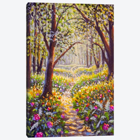 Flowers And Road In Sunny Park Forest Alley Oil Painting Canvas Print #VRY1272} by Valery Rybakow Canvas Art