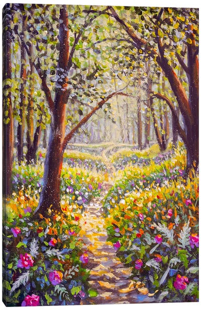 Flowers And Road In Sunny Park Forest Alley Oil Painting Canvas Art Print - Valery Rybakow