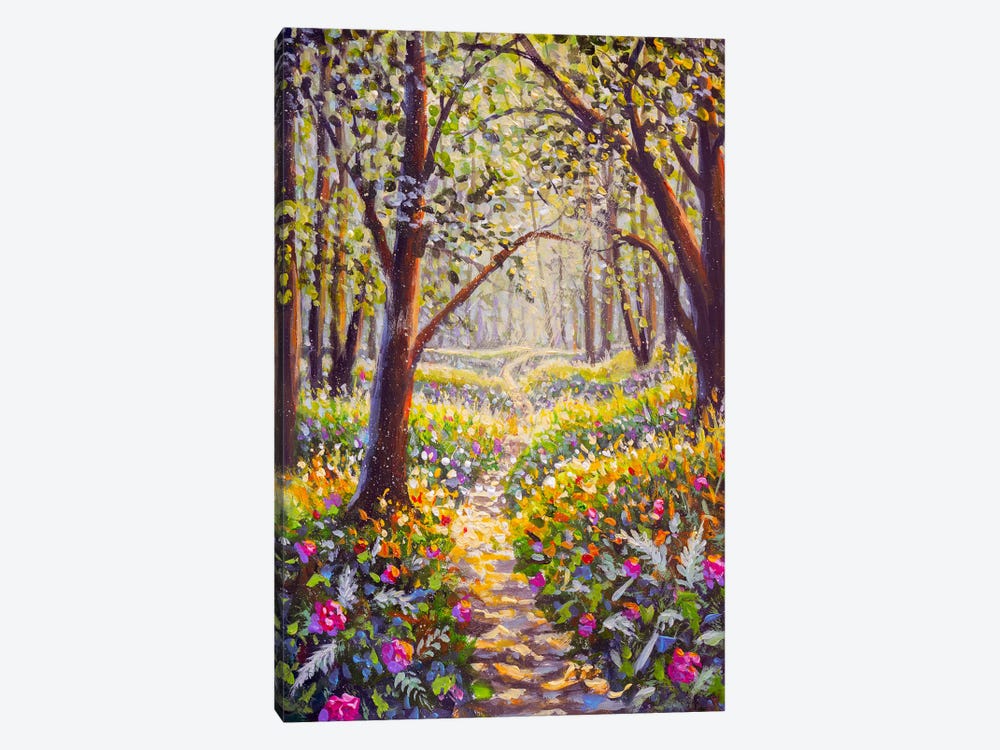 Flowers And Road In Sunny Park Forest Alley Oil Painting by Valery Rybakow 1-piece Canvas Wall Art