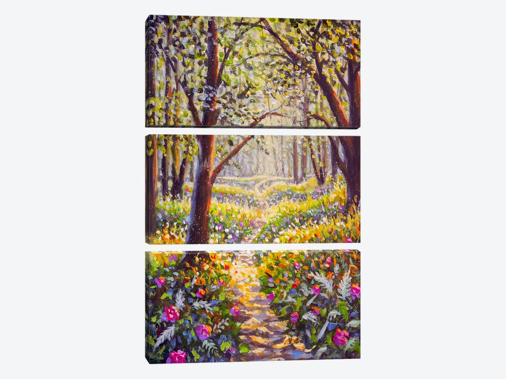 Flowers And Road In Sunny Park Forest Alley Oil Painting by Valery Rybakow 3-piece Canvas Art
