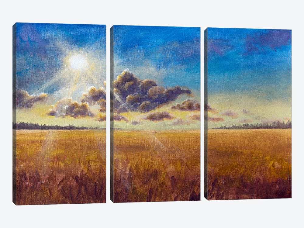 Big Cloud And Warm Rays Of Summer Sun Over A Ripe Brown Field Of Wheat Rye Bread by Valery Rybakow 3-piece Canvas Art Print