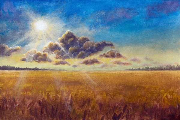 Big Cloud And Warm Rays Of Summer Sun Over A Ripe Brown Field Of Wheat Rye Bread