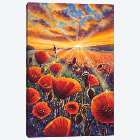 Tuscan Poppy Field At Sunrise Flat Color Hand Painted Illustration Painting. Canvas Print #VRY1297} by Valery Rybakow Canvas Print