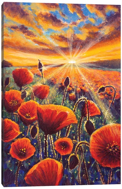 Tuscan Poppy Field At Sunrise Flat Color Hand Painted Illustration Painting. Canvas Art Print - Valery Rybakow