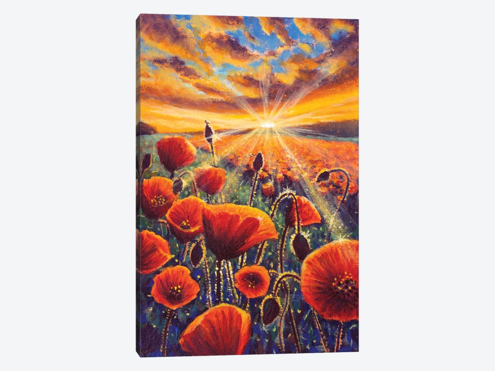 Tuscan Poppy Field At Sunrise Flat Color Hand Painted Illustration Painting. by Valery Rybakow 1-piece Canvas Art Print