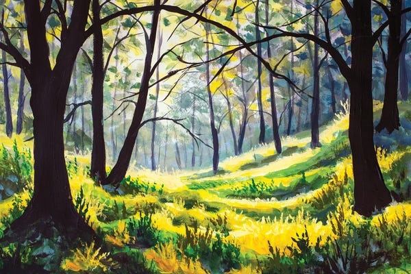 Valery Rybakow: Sunny Spring Green Forest Oil Painting by Valery Rybakow