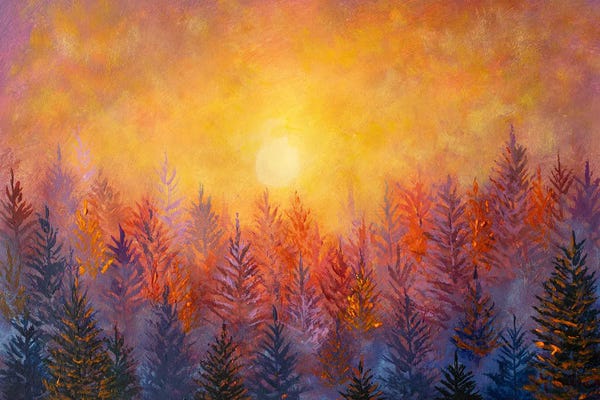 Valery Rybakow: Coniferous Forest Shining Under A Golden Sunset Sky by Valery Rybakow