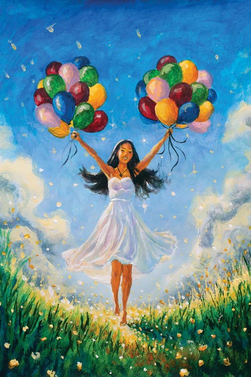 Happy Girl Holding Colorful Balloons Floating Over A Green Meadow