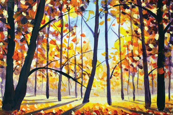 Autumn Forest Painting Showing Colorful Trees And Shadows