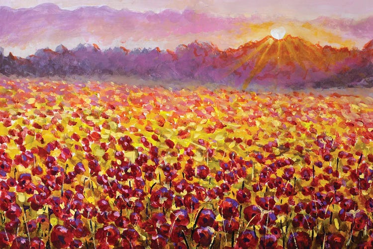 Poppy Field Painting At Sunset With Mountains In Background
