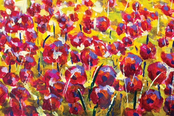 Valery Rybakow: Acrylic Painting Of Red Flowers Poppies Wildflowers Blooming In A Colorful Field by Valery Rybakow