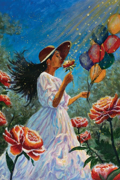 Young Woman In A Wide-Brimmed Hat, Smelling A Peony While Holding Balloons In A Beautiful Garden