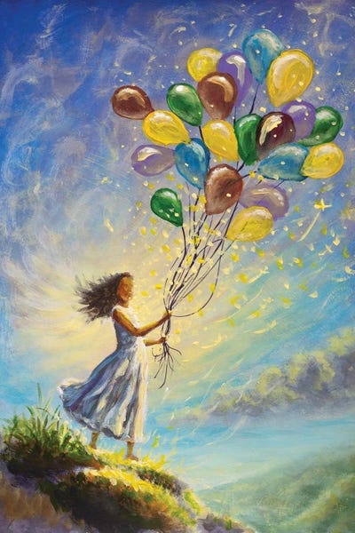 Balloons: Happy Girl Holding Colorful Balloons On A Hilltop Painting by Valery Rybakow