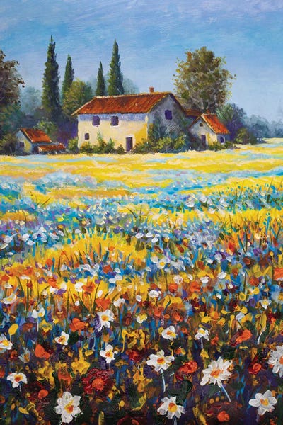 Tuscan Countryside Landscape Artwork With Blooming Wildflower Field