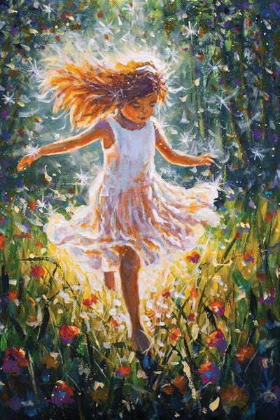 Valery Rybakow: Young Girl In A White Dress Dancing Freely Among Luminous Flowers by Valery Rybakow
