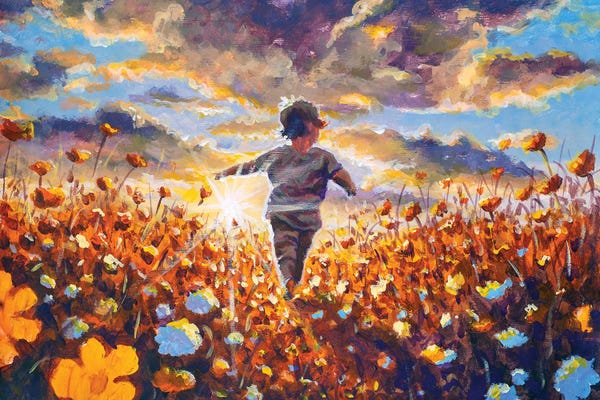 Valery Rybakow: Child Running Freely Through A Golden Poppy Field by Valery Rybakow