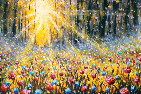 Impressionist Oil Painting Depicting Sunbeams Illuminating Autumn Forest Flowers