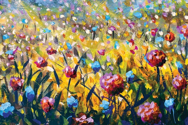 Oil Painting Blooming Meadow With Colorful Impressionistic Flowers