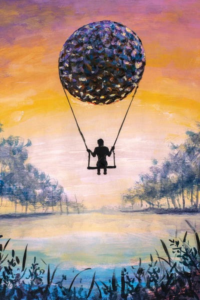 Celery - Canvas Prints: Silhouette On Swing With Floating Sphere Over Tranquil Lake At Sunset by Valery Rybakow