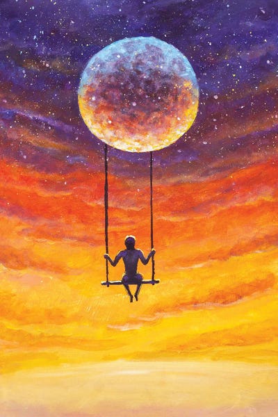 Celery - Canvas Prints: Person Girl Boy Swinging From A Colorful Moon In A Starry Surreal Sky by Valery Rybakow