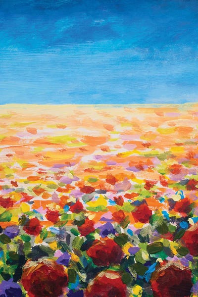 Celery - Canvas Prints: Abstract Field Painting With Vibrant Red Flowers And Blue Sky by Valery Rybakow