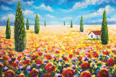 Celery - Canvas Prints: Tuscany Landscape Painting With Cypress Trees And Poppy Field by Valery Rybakow